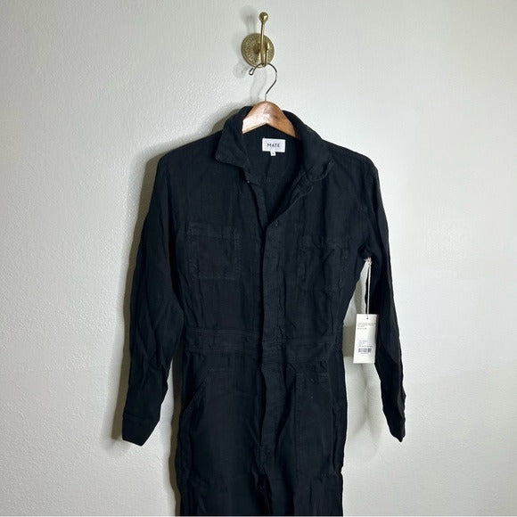 MATE the Label Mate The Label 100% Linen Black Utility Style Long Sleeve Jumpsuit - Linen