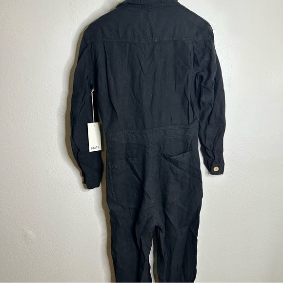 Mate The Label 100% Linen Black Utility Style Long Sleeve Jumpsuit