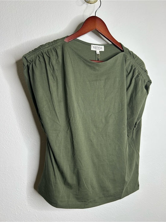 Nation LTD Nation LA 100% Pima Cotton Rebecca Ruched Boat Neck Tee in Olive Green - Cotton