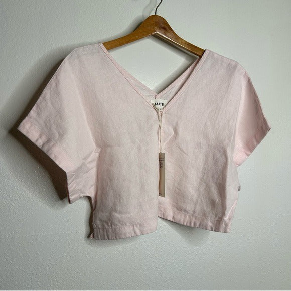MATE the Label MATE The Label 100% Organic Linen Light Pink Cropped Short Sleeve Tunic Top - Linen