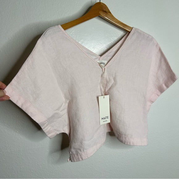 MATE the Label MATE The Label 100% Organic Linen Light Pink Cropped Short Sleeve Tunic Top - Linen