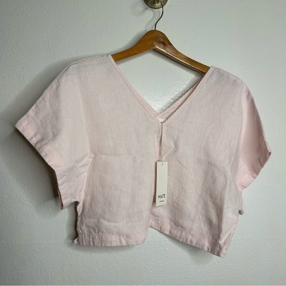 MATE the Label MATE The Label 100% Organic Linen Light Pink Cropped Short Sleeve Tunic Top - Linen