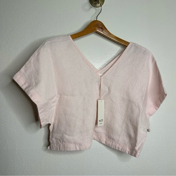 MATE the Label MATE The Label 100% Organic Linen Light Pink Cropped Short Sleeve Tunic Top - Linen