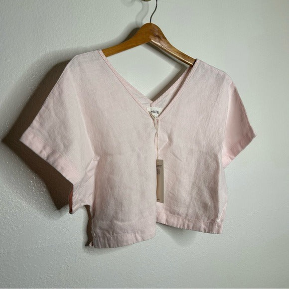 MATE The Label 100% Organic Linen Light Pink Cropped Short Sleeve Tunic Top