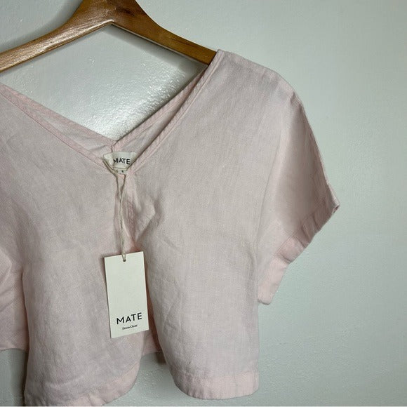 MATE The Label 100% Organic Linen Light Pink Cropped Short Sleeve Tunic Top