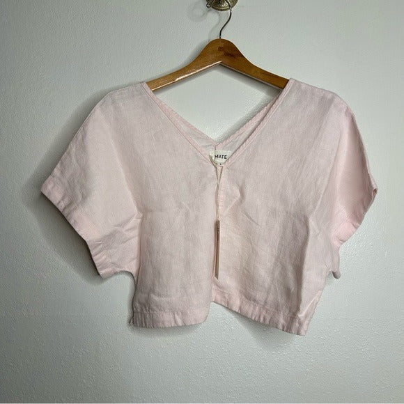 MATE The Label 100% Organic Linen Light Pink Cropped Short Sleeve Tunic Top