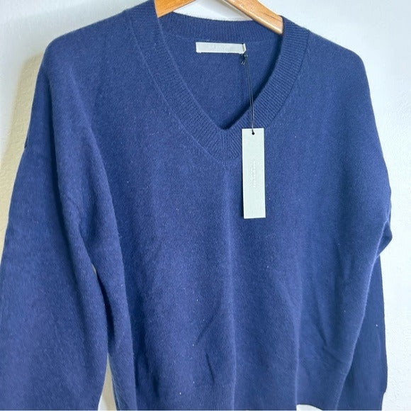 One Grey Day One Grey Day 100% Cashmere Navy Blue V - Neck Pullover Knit Sweater - Cashmere
