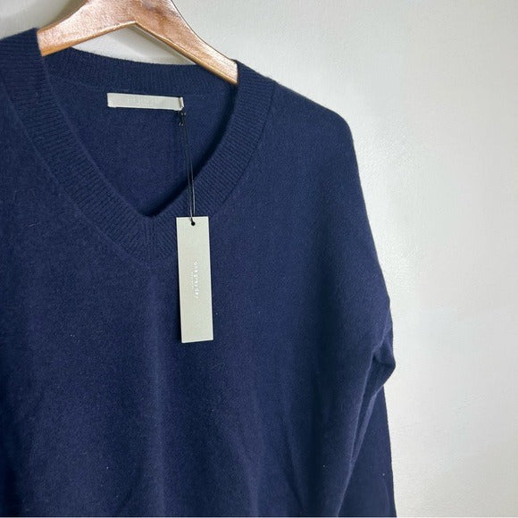 One Grey Day 100% Cashmere Navy Blue V - Neck Pullover Knit Sweater