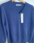One Grey Day 100% Cashmere Navy Blue V - Neck Pullover Knit Sweater