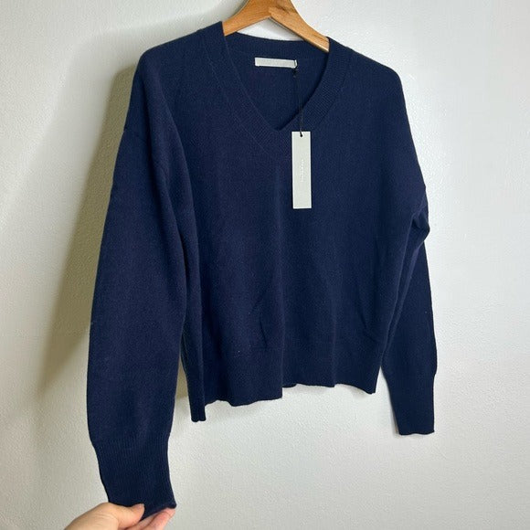 One Grey Day One Grey Day 100% Cashmere Navy Blue V - Neck Pullover Knit Sweater - Cashmere