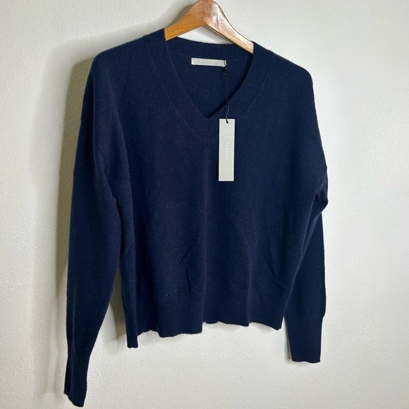 One Grey Day One Grey Day 100% Cashmere Navy Blue V - Neck Pullover Knit Sweater - Cashmere