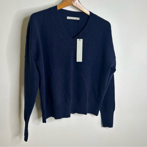 One Grey Day One Grey Day 100% Cashmere Navy Blue V - Neck Pullover Knit Sweater - Cashmere