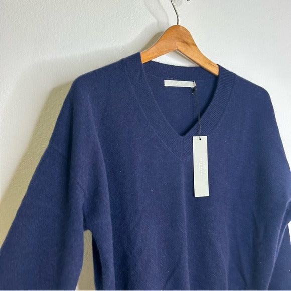 One Grey Day 100% Cashmere Navy Blue V - Neck Pullover Knit Sweater
