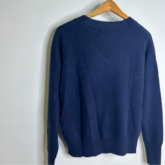 One Grey Day 100% Cashmere Navy Blue V - Neck Pullover Knit Sweater