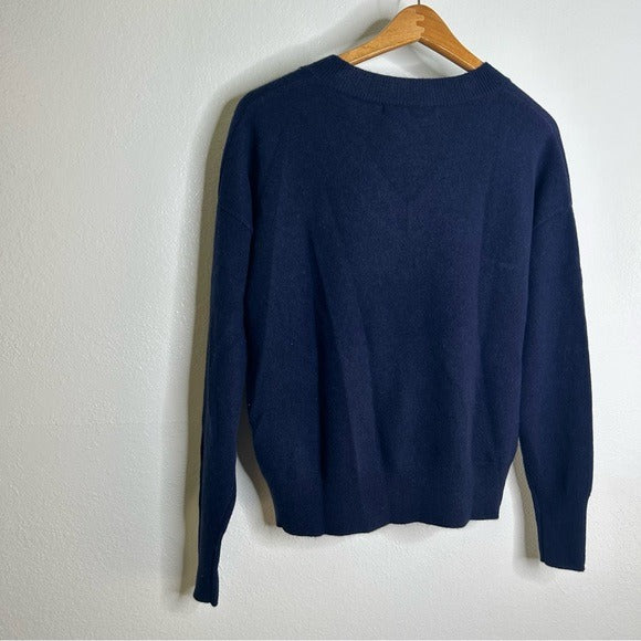 One Grey Day 100% Cashmere Navy Blue V - Neck Pullover Knit Sweater