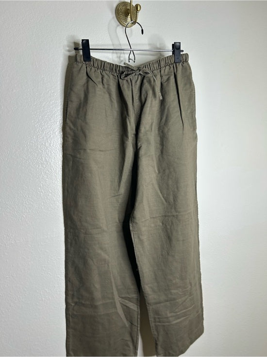 Kathy Ireland Cotton Ramie Army Green Pull on Straight Leg Drawstring Pant