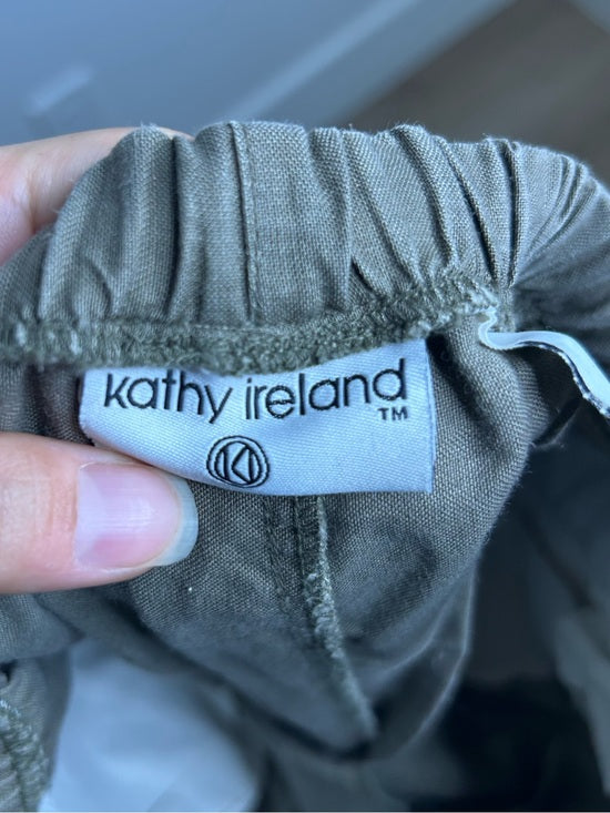 Kathy Ireland Cotton Ramie Army Green Pull on Straight Leg Drawstring Pant