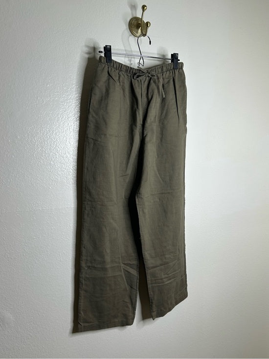 Kathy Ireland Cotton Ramie Army Green Pull on Straight Leg Drawstring Pant