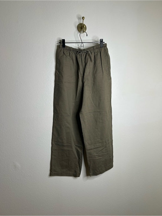 Kathy Ireland Cotton Ramie Army Green Pull on Straight Leg Drawstring Pant