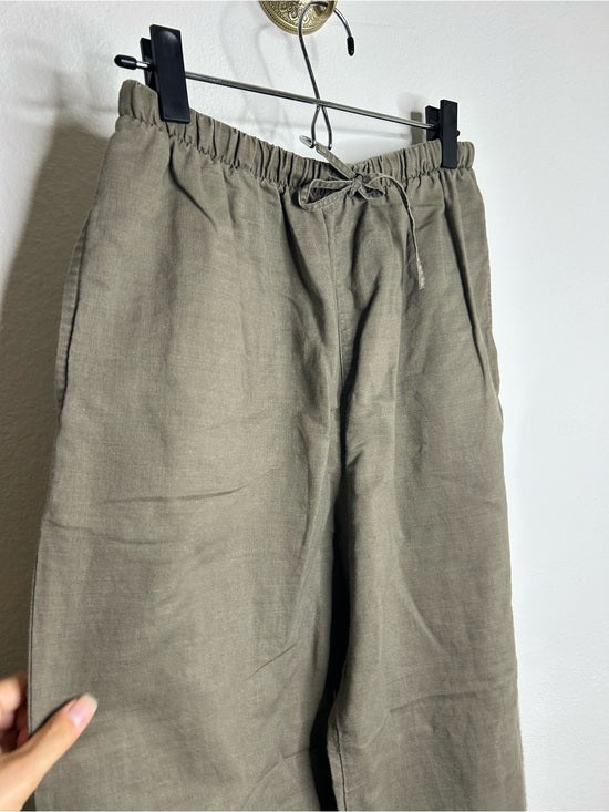 Kathy Ireland Cotton Ramie Army Green Pull on Straight Leg Drawstring Pant