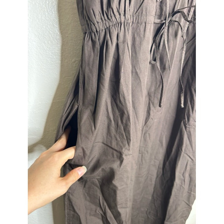 MATE the Label 100% Organic Cotton Poplin Pocket Tie Midi Dress in Java Brown