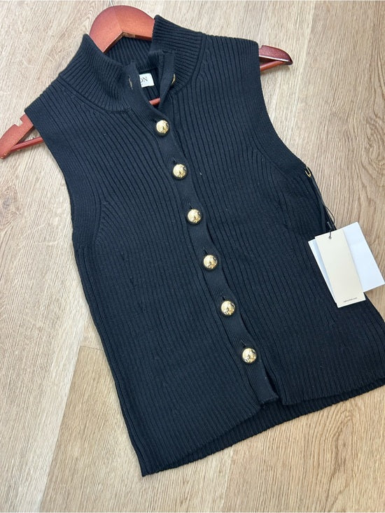 Nation LA Cotton Cashmere Ira Knit Sweater Vest Gold Button in Black