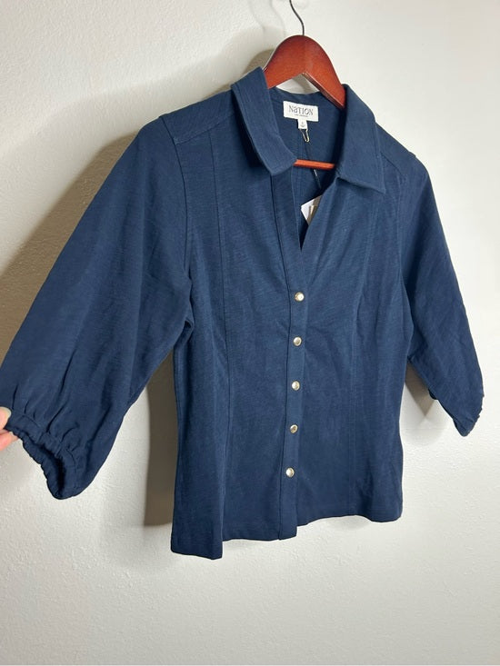 Nation LA 100% Cotton Navy Blue Gold Button Down Collared Short Sleeve Top