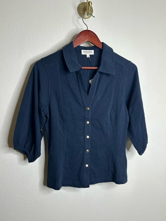 Nation LA 100% Cotton Navy Blue Gold Button Down Collared Short Sleeve Top