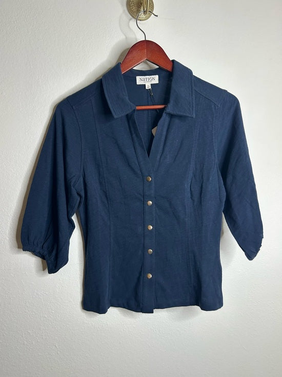 Nation LA 100% Cotton Navy Blue Gold Button Down Collared Short Sleeve Top