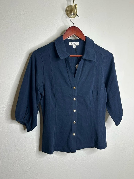 Nation LA 100% Cotton Navy Blue Gold Button Down Collared Short Sleeve Top