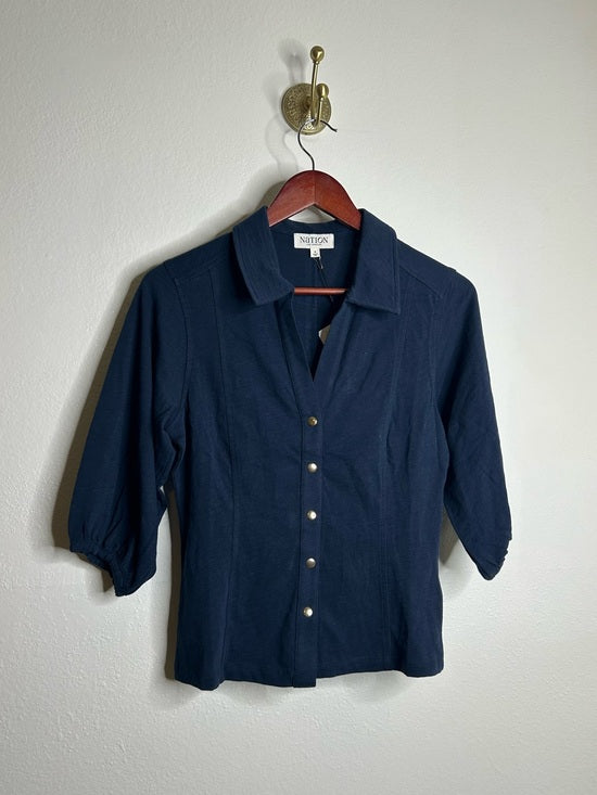 Nation LA 100% Cotton Navy Blue Gold Button Down Collared Short Sleeve Top