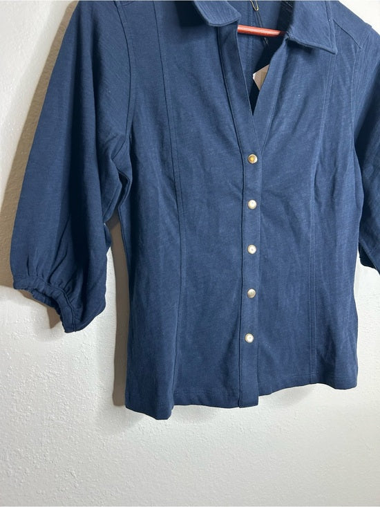 Nation LA 100% Cotton Navy Blue Gold Button Down Collared Short Sleeve Top