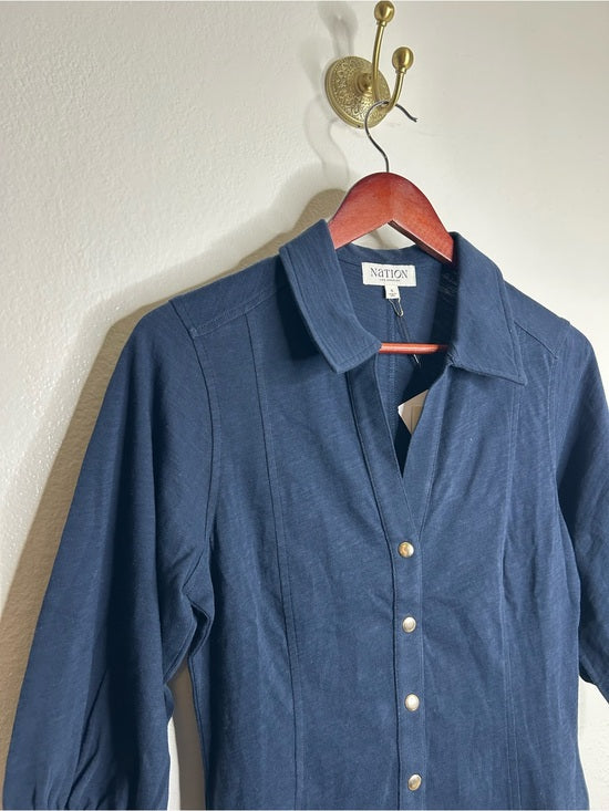 Nation LA 100% Cotton Navy Blue Gold Button Down Collared Short Sleeve Top