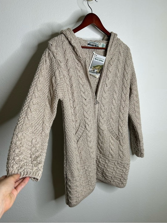 Aran Crafts Aran Crafts 100% Merino Wool Tan Thick Cable Knit Hooded Zip Front Sweater - Wool