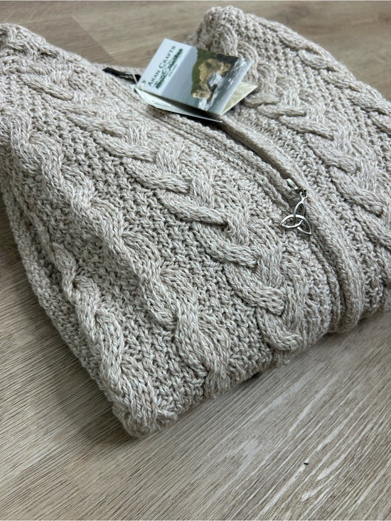 Aran Crafts 100% Merino Wool Tan Thick Cable Knit Hooded Zip Front Sweater