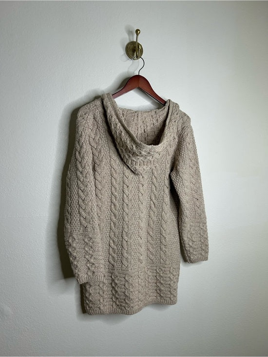 Aran Crafts 100% Merino Wool Tan Thick Cable Knit Hooded Zip Front Sweater