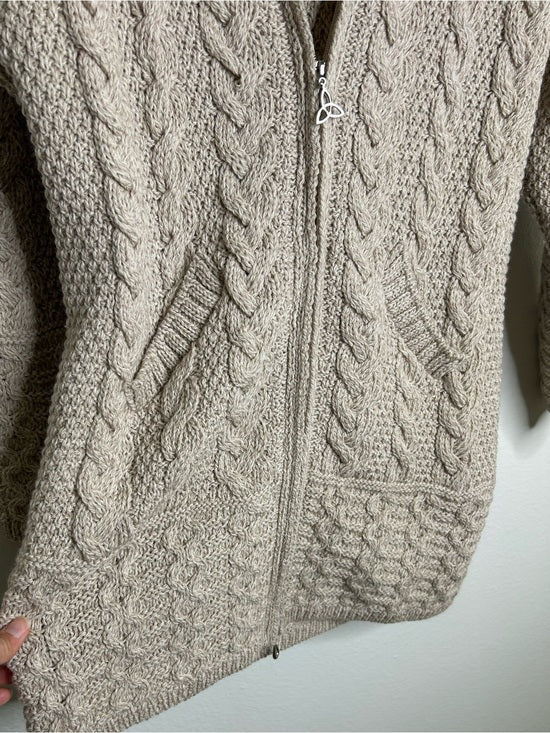 Aran Crafts 100% Merino Wool Tan Thick Cable Knit Hooded Zip Front Sweater
