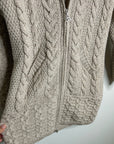 Aran Crafts 100% Merino Wool Tan Thick Cable Knit Hooded Zip Front Sweater