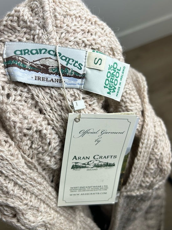 Aran Crafts 100% Merino Wool Tan Thick Cable Knit Hooded Zip Front Sweater