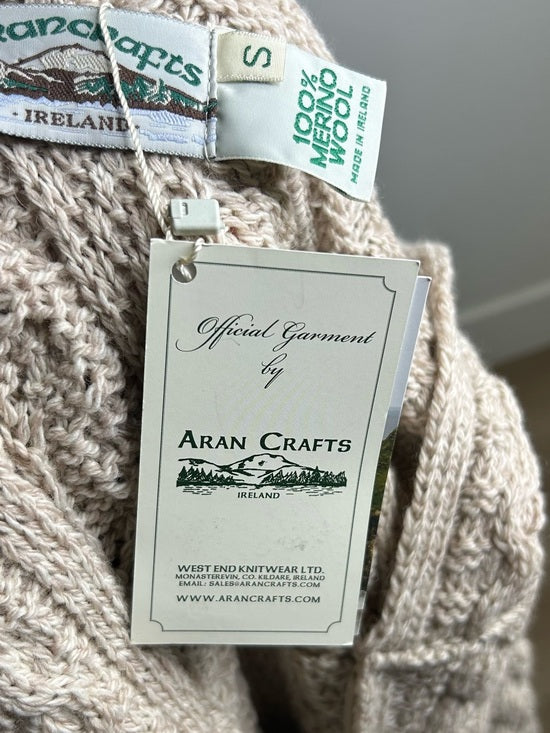Aran Crafts 100% Merino Wool Tan Thick Cable Knit Hooded Zip Front Sweater