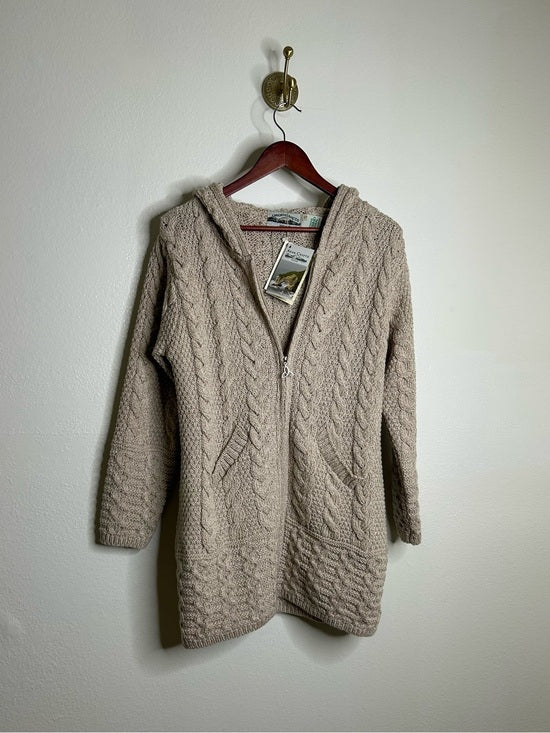 Aran Crafts Aran Crafts 100% Merino Wool Tan Thick Cable Knit Hooded Zip Front Sweater - Wool