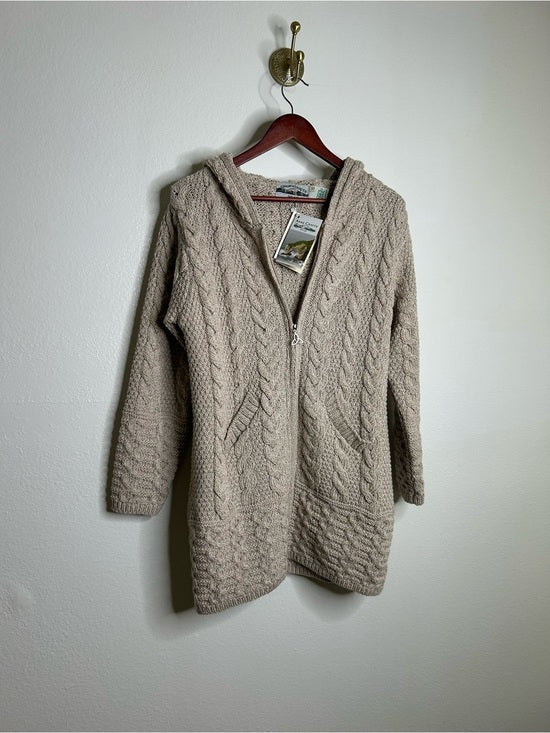 Aran Crafts Aran Crafts 100% Merino Wool Tan Thick Cable Knit Hooded Zip Front Sweater - Wool