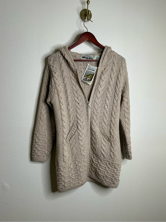 Aran Crafts Aran Crafts 100% Merino Wool Tan Thick Cable Knit Hooded Zip Front Sweater - Wool
