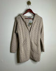 Aran Crafts 100% Merino Wool Tan Thick Cable Knit Hooded Zip Front Sweater