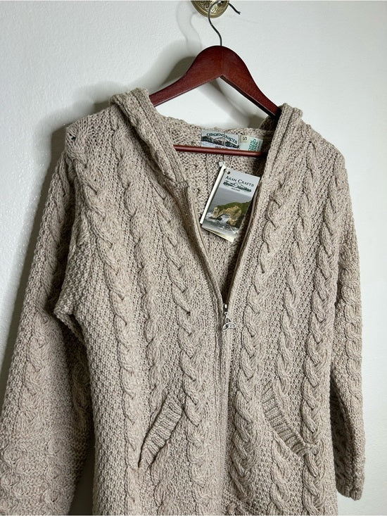 Aran Crafts Aran Crafts 100% Merino Wool Tan Thick Cable Knit Hooded Zip Front Sweater - Wool