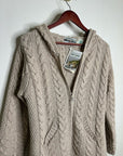 Aran Crafts 100% Merino Wool Tan Thick Cable Knit Hooded Zip Front Sweater