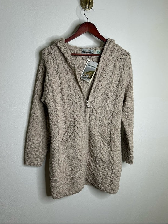 Aran Crafts Aran Crafts 100% Merino Wool Tan Thick Cable Knit Hooded Zip Front Sweater - Wool