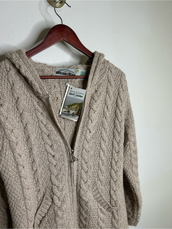 Aran Crafts 100% Merino Wool Tan Thick Cable Knit Hooded Zip Front Sweater