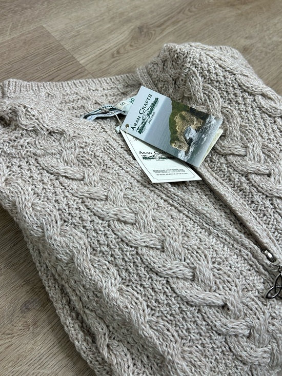 Aran Crafts 100% Merino Wool Tan Thick Cable Knit Hooded Zip Front Sweater