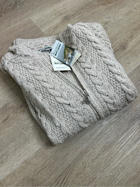Aran Crafts 100% Merino Wool Tan Thick Cable Knit Hooded Zip Front Sweater